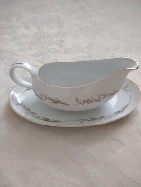 Japan Gravy Bowl And Underplate Pink Flower Painted Prestige 2 Items